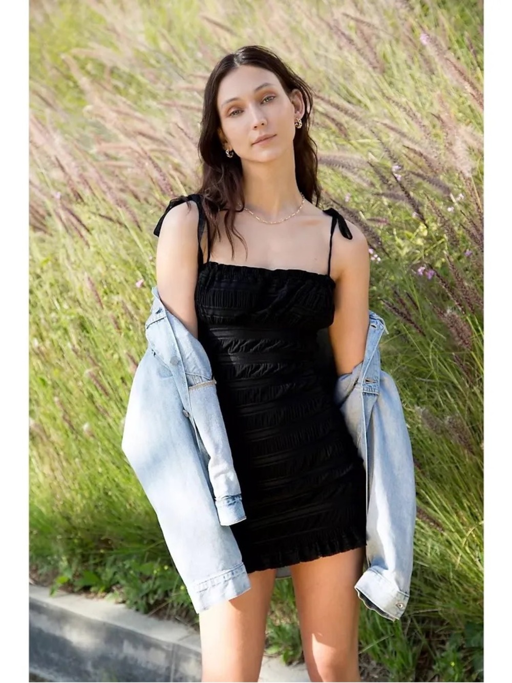 Free People Bittersweet Black Smocked Ruffle Sleeveless Cami Ruched Mini Dress L